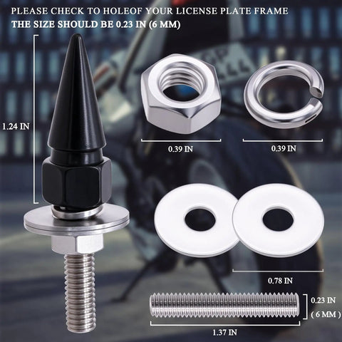 Hella Dope 4 Pack Spiked License Plate Bolts And Tough Frame Screws For Your Badass Ride Made From Solid Stainless Steel And Aluminum Alloy In Gloss Black, showing the spiked bolt and hardware.
