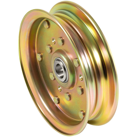 General idler pulley assembly with bearing, zinc-coated gold finish, angled view