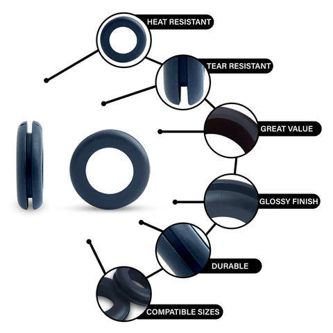 180 Pcs Rubber Grommets Kit In Eight Sizes For DIY Auto Wiring And Cable Protection Drill Hole Sizes One Quarter Inch Through One Inch Premium Flexible Rubber Grommets Assorted Set showing features like heat and tear resistance, glossy finish, and durability.