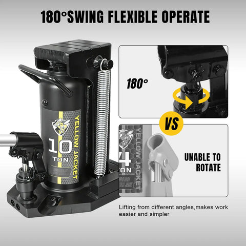 10 Ton Hydraulic Toe Jack With 5 Ton Claw Low Profile Lift Rig showing 180° swing operation for flexible lifting in tight spaces.