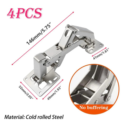 4 Pack 170 Degree Hidden Frameless Kitchen Cabinet Door Hinges With Screws, seen in detailed measurements and cold rolled steel.
