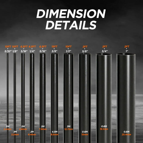 Dimensional details of 10 Size 5 To 1 Heat Shrink Tubing Kit With 70.5 Ft Total Length tubes in various widths