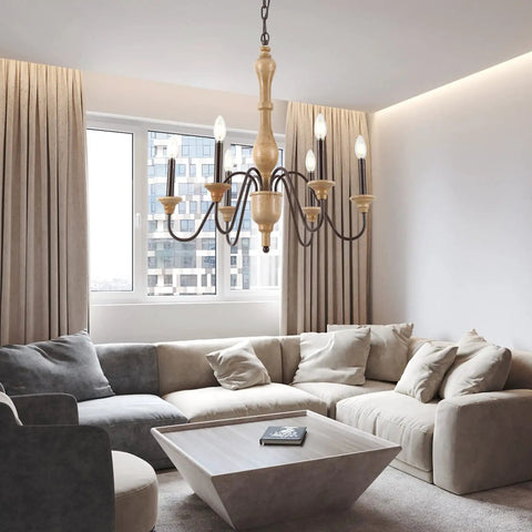 Farmhouse Chandelier With 6 Lights, Wood Rustic Candlestick Pendant Light For Living Room And Bedroom, French Country Vibe, Canopy Height Adjustable, Vintage European Inspired Ceiling Lamp