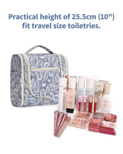 Hanging Toiletry Bag For Travel Makeup Organizer Unisex On The Go Large Capacity With 8 Mesh Pockets Blue Leaf Pattern Durable Water Resistant Nylon