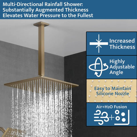 Total Game Changer Thermostatic Shower System With Brushed Gold Finish And Smooth Push Button Diverter Featuring A Versatile 2 In 1 Handheld And 12 Inch Ceiling Rain Head Plus 6 Inch Wall Mount That Just Hits Different