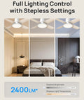 44 Inch Flush Mount Ceiling Fan With Bright Lights, Smart App And Remote Control, Slick Rgbic Mood Lighting, Solid Performance For Ultimate Chill Vibe And Total Room Refresh in bedroom with varying light settings.