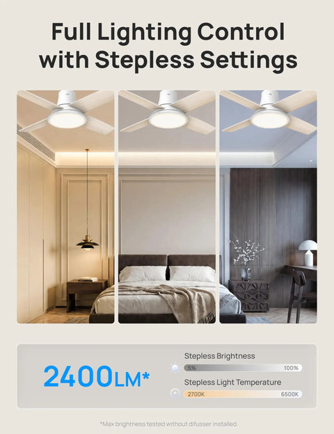 44 Inch Flush Mount Ceiling Fan With Bright Lights, Smart App And Remote Control, Slick Rgbic Mood Lighting, Solid Performance For Ultimate Chill Vibe And Total Room Refresh in bedroom with varying light settings.