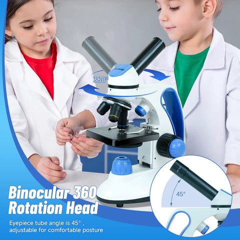 Children using Kids Microscope Kit With 40X To 2000X Magnification, 3 Eyepieces, LED Illumination, Binocular 360 Rotation Head