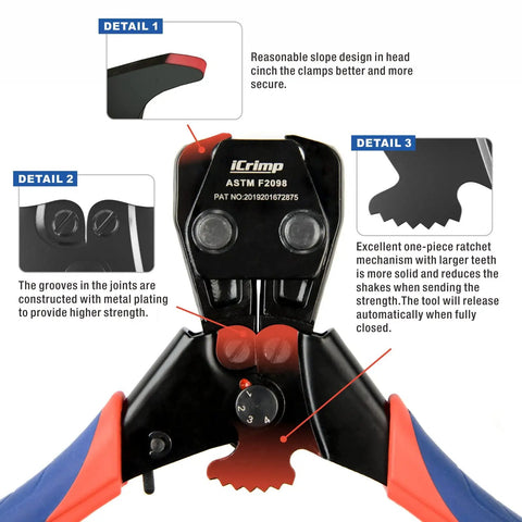 PEX Pipe Quick Cinch Tool Set For Stainless Steel Clamps Three Eighths Inch To One Inch With PEX Cutter showing ratchet mechanism.