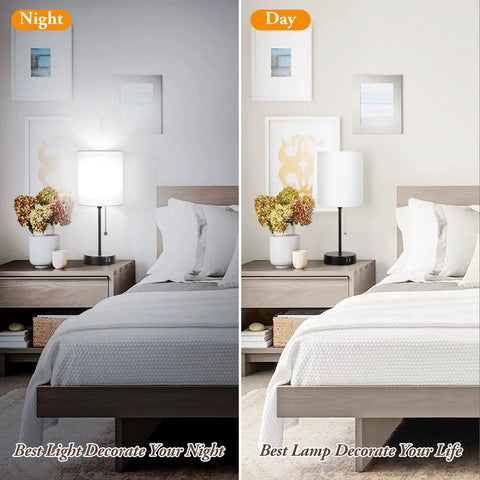 Bedroom scene with Two Pack Table Lamps With USB Ports And AC Outlet, White Fabric Shade Nightstand Lamps, Day and Night.