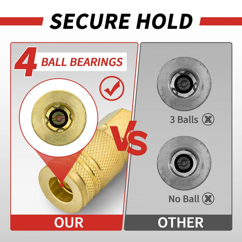Close-up comparison of Pro Grade Brass One Quarter Inch Internal Thread Air Couplers with 4-ball bearings vs others.
