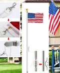 Flag Pole Hardware Kit With 3 Inch Gold Ball Topper, Aluminum Alloy Construction, Weatherproof Flagpole Accessories, 50 Feet Halyard Rope, 4 Inch Cleat Hook With Screws, Four Swivel Snap Hooks, And Pulleys For 2 Inch OD Tubes installed on a house flagpole