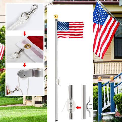 Flag Pole Hardware Kit With 3 Inch Gold Ball Topper, Aluminum Alloy Construction, Weatherproof Flagpole Accessories, 50 Feet Halyard Rope, 4 Inch Cleat Hook With Screws, Four Swivel Snap Hooks, And Pulleys For 2 Inch OD Tubes installed on a house flagpole