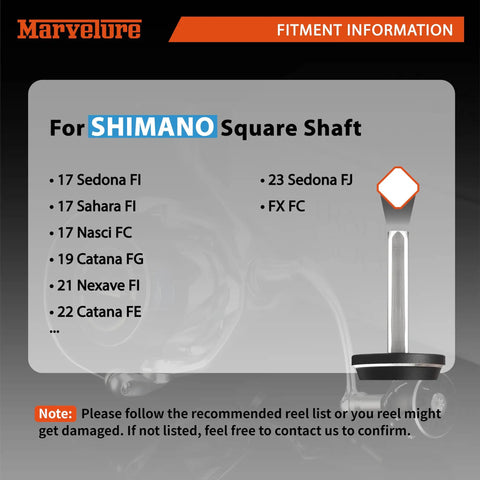 Fitment information for Locked Type Power Handle Square Shaft For Shimano Spinning Reels Aluminum 58mm Handle 33mm Knob.