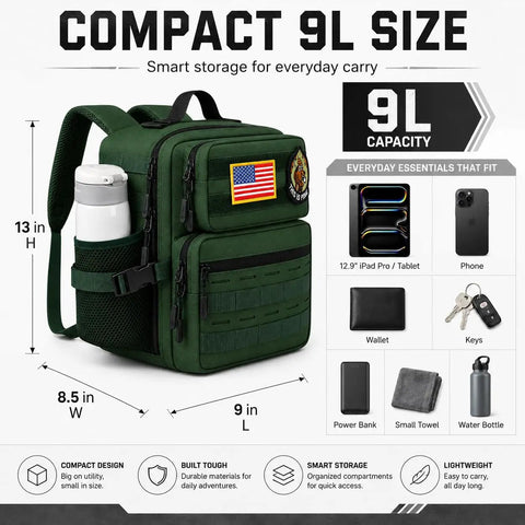 9L Mini Tactical Backpack For Men And Women, Lightweight Waterproof 1000D Oxford Gear Bag with Everyday Essentials