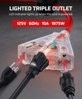 Retractable Extension Cord Reel With 40 Ft Heavy Duty Power Cord 12/3C SJTOW Lighted Triple Tap Outlets 15A Circuit Breaker
