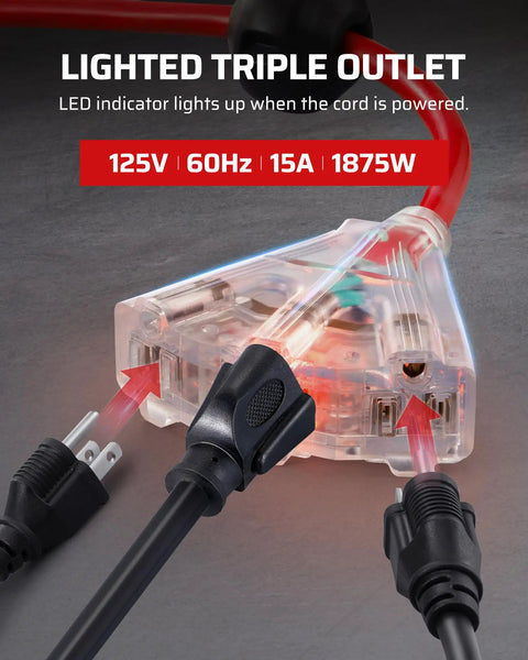 Retractable Extension Cord Reel With 40 Ft Heavy Duty Power Cord 12/3C SJTOW Lighted Triple Tap Outlets 15A Circuit Breaker