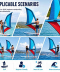 People using Inflatable Kite Surf Wing Foil Sail with 360 Rotation Base on a paddleboard in various water settings.