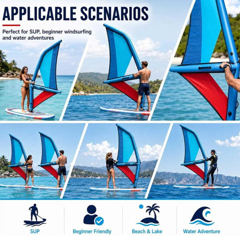 People using Inflatable Kite Surf Wing Foil Sail with 360 Rotation Base on a paddleboard in various water settings.