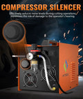Side view of orange Built In Air Compressor Plasma Cutter With Non Touch Pilot Arc 50 Amp 220V Digital Inverter IGBT with silencer.
