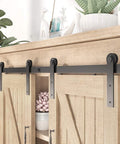 5 Foot Small Sliding Barn Door Hardware Kit for Double Doors and Cabinets, black track system on wooden cabinet