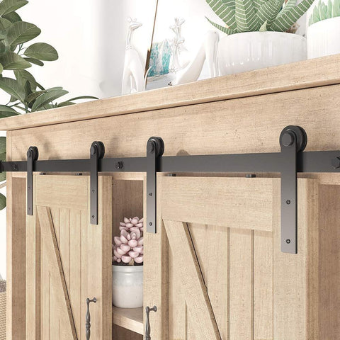 5 Foot Small Sliding Barn Door Hardware Kit for Double Doors and Cabinets, black track system on wooden cabinet