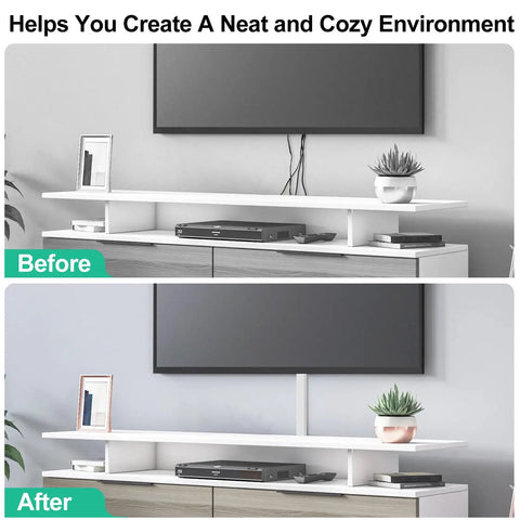 Before and after TV setup with Six Pack White Cord Covers For Wall Cables Self Adhesive TV Wire Management, hiding cables neatly.