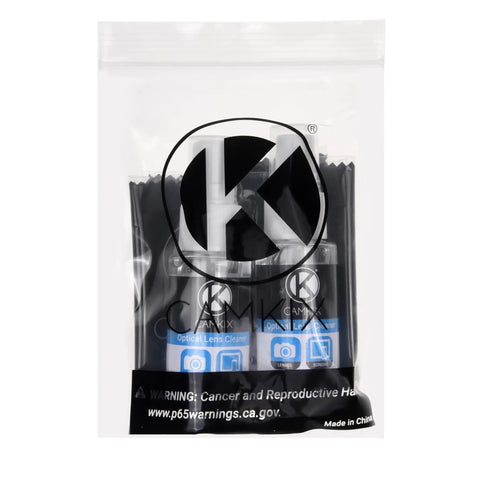 Lens And Screen Cleaning Kit With Two Cleaning Sprays And Two Microfiber Cloths For DSLR Lenses And All Device Screens in packaging.