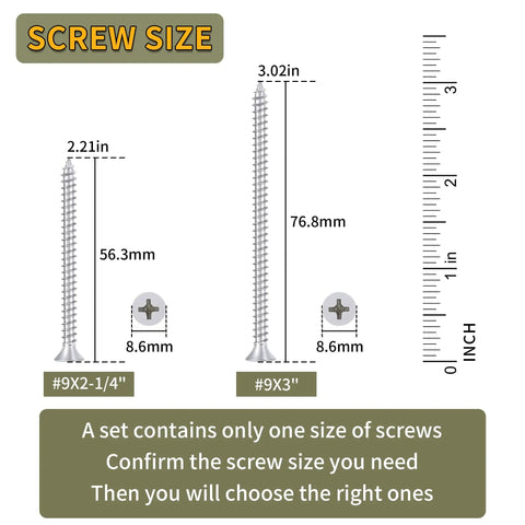 Rock Solid Number 9 X 3 Inch Flat Head Phillips Wood Screws 300 Piece Pack size comparison and specifications display.