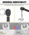 Heavy Duty Jumbo Crowfoot Wrench Set With One Half Inch Drive Click Torque Wrench showing universal compatibility for sockets.