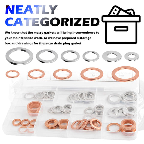 88 Piece Aluminum and Copper Oil Plug Washer Kit With 11 Sizes for M10 M12 M14 M16 M18 Car Drain Plugs Sealing Gasket Set