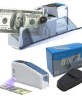 Portable Money Counter With UV WM Counterfeit Detection, Handy Pocket Size Cash Counter displayed with packaging and carrying case