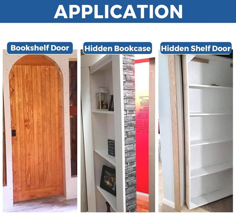 Heavy Duty Pivot Hinge For Secret Doors And Hidden Bookcase Doors application on bookshelf, bookcase, and shelf door