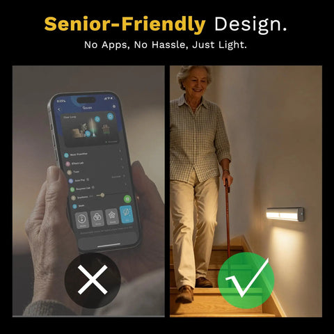 6 Pack Motion Sensor Lights For Closets And Stairs, 10 LED Battery Operated Night Lights showing ease for elderly on stairs