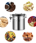 Keep Your Grind Fresh With This Heavy Duty Airtight Canister Sporting A Built In Measuring Scoop Designed To Lock Moisture Out For Beans Sugar Tea Or Nuts with assorted ingredients.
