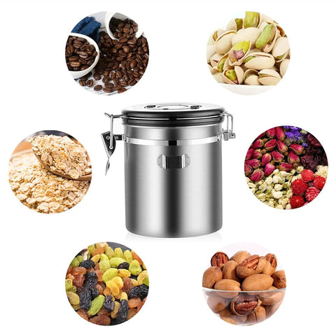 Keep Your Grind Fresh With This Heavy Duty Airtight Canister Sporting A Built In Measuring Scoop Designed To Lock Moisture Out For Beans Sugar Tea Or Nuts with assorted ingredients.