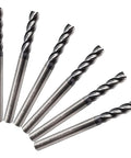 Six 1/8 in carbide square-end mills, 4-flute TiALN-coated steel milling bits, front view