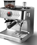 Semi Automatic Espresso Machine With Built In Grinder And Fast Milk Frother For Authentic Cappuccino Latte Coffee No Fuss Daily Grind, stainless steel, close-up showing controls and bean container.
