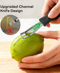 Lemon Zester and Garnish Channel Knife for Cocktails Triangular V Shaped Stainless Steel Bar Tool used on a lime