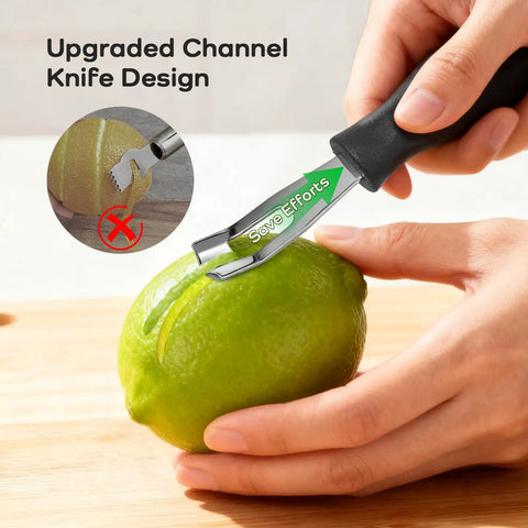 Lemon Zester and Garnish Channel Knife for Cocktails Triangular V Shaped Stainless Steel Bar Tool used on a lime