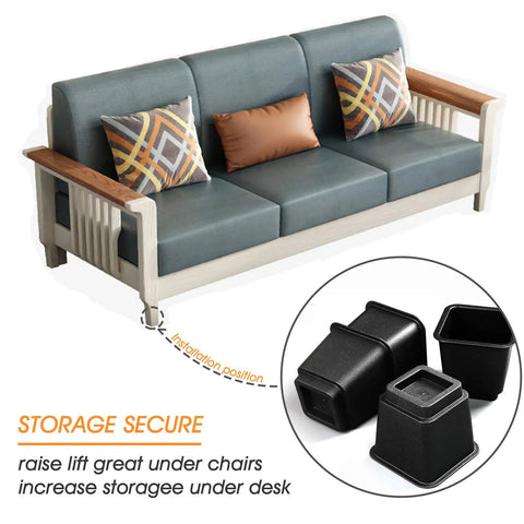 Heavy Duty Bed Riser Set 3 Inch Elevates Beds Couches Desks Sofas And Bunk Posts 4 Pack For Extra Storage And Space Saving In Small Rooms Dorms And Apartments shown raising a sofa with additional storage space underneath