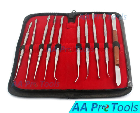Dental Lab Equipment Wax Carver Kit, 10-Piece Stainless Steel Sculpture Set in red case with wooden handles