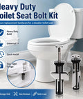 Top Shelf Heavy Duty Toilet Seat Bolt Kit Featuring Rust Resistant Stainless Steel Screws For Universal Bathroom Fixture Repair And A Rock Solid Mount That Keeps Things Tight And Secure. Heavy-duty toilet seat hardware shown with installation details.