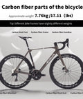 Carbon Road Bike With Ultra Light T1000 Frame, 24 Speed Shimano, full carbon design showcasing frame, wheels, and components