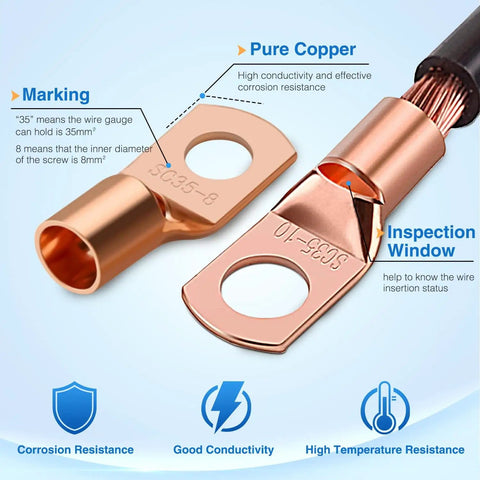 Heavy Duty Battery Terminal Crimp Connector Kit With 70 Copper Wire Lugs And 80 Heat Shrink Tubing for 2 4 6 8 10 AWG, copper lugs
