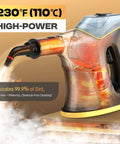 Hot Handheld Steam Cleaner 1300W Fast Heatup In 10 Sec showing high-power steam nozzle emitting vapor for deep cleaning.
