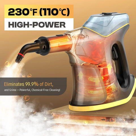 Hot Handheld Steam Cleaner 1300W Fast Heatup In 10 Sec showing high-power steam nozzle emitting vapor for deep cleaning.