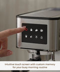 Top Shelf No Fuss 20 Bar Espresso Machine With Built In Grinder And Fast Milk Frother Stainless Steel All In One Coffee Maker Featuring Easy Lcd Display close-up of touch screen controls.