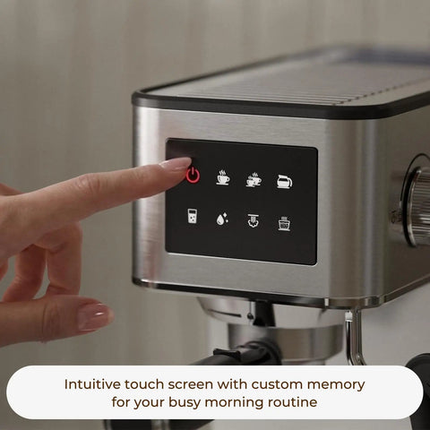 Top Shelf No Fuss 20 Bar Espresso Machine With Built In Grinder And Fast Milk Frother Stainless Steel All In One Coffee Maker Featuring Easy Lcd Display close-up of touch screen controls.