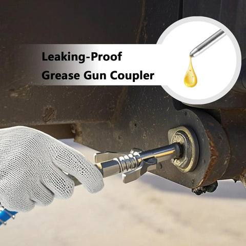 Pro Grade All In One Grease Gun Accessories Kit with 12 Inch Flexible Hose, Needle Nozzles in use on machine